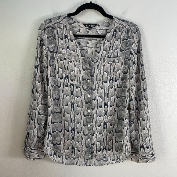 Express Womens Small Snake Print Blouse Roll Tab Sleeve Collarless Shirt Top - Picture 1 of 8